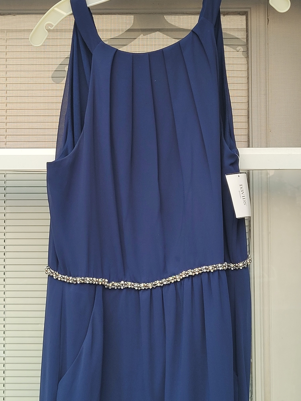Sleeveless Navy Blue Beaded Waist Evening Dress